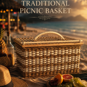 Traditional woven picnic basket for outdoor dining, handcrafted wicker picnic hamper with natural cane design, stylish beach picnic basket for coastal lifestyle adventures.