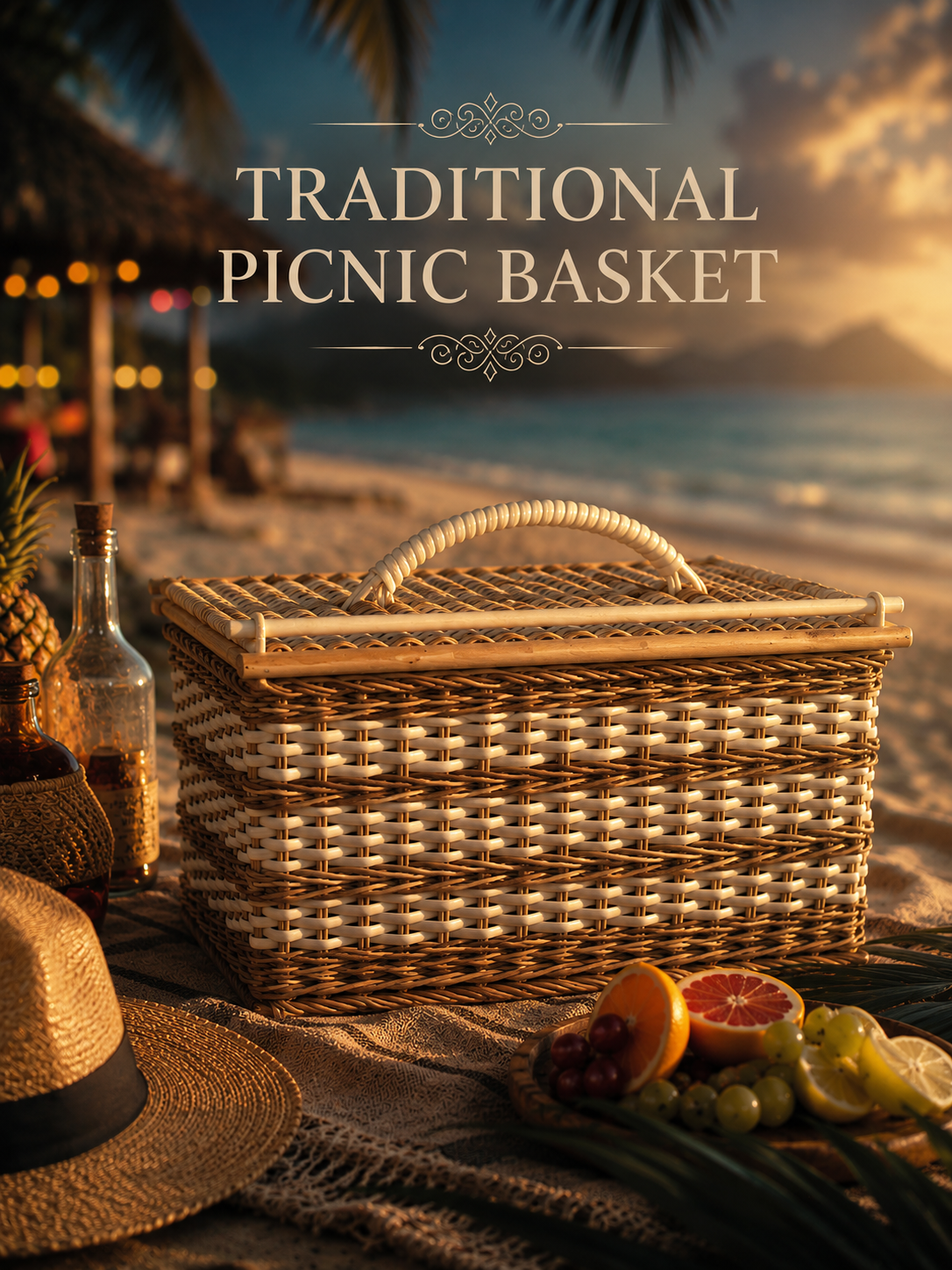 Traditional woven picnic basket for outdoor dining, handcrafted wicker picnic hamper with natural cane design, stylish beach picnic basket for coastal lifestyle adventures.