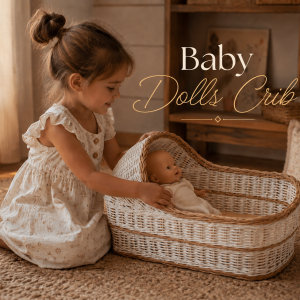 Luxury wicker baby dolls crib with natural woven finish, perfect for pretend play, nursery styling, and doll accessories.