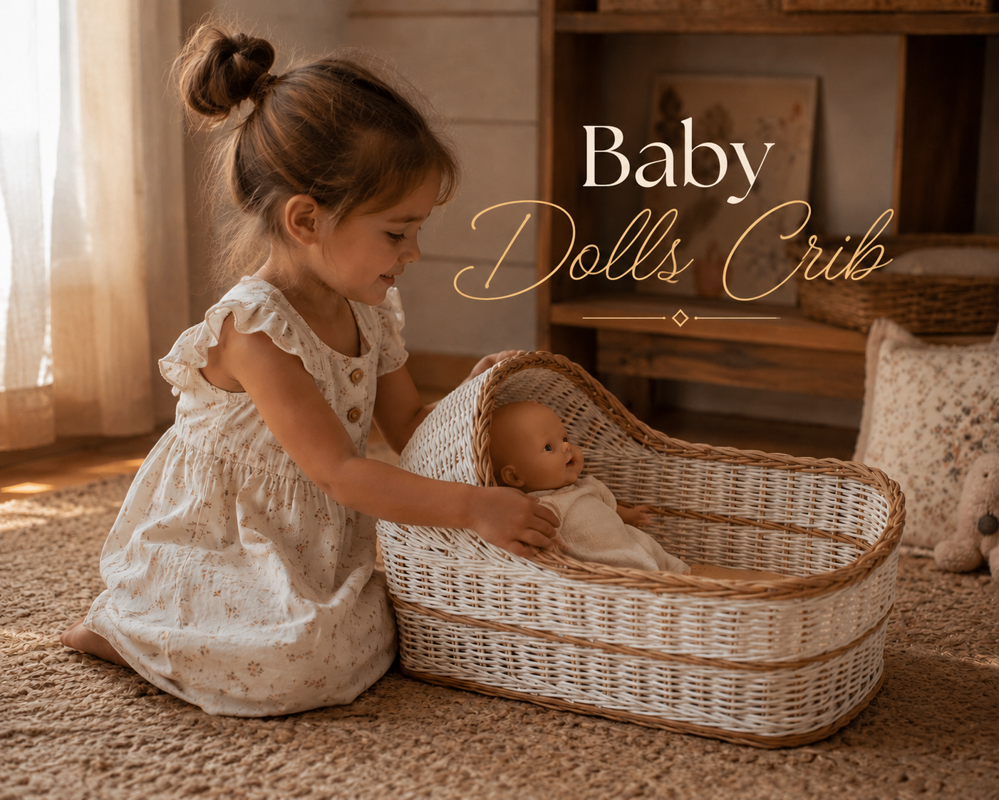 Luxury wicker baby dolls crib with natural woven finish, perfect for pretend play, nursery styling, and doll accessories.