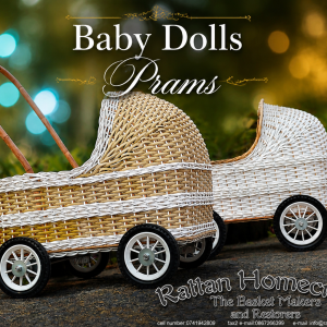 Handwoven wicker baby doll prams with vintage-inspired detailing, styled in a tropical garden setting. Elegant handcrafted cane toy prams with classic wheels and timeless artisan craftsmanship.