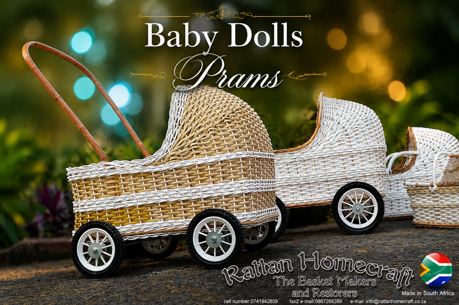 Handwoven wicker baby doll prams with vintage-inspired detailing, styled in a tropical garden setting. Elegant handcrafted cane toy prams with classic wheels and timeless artisan craftsmanship.