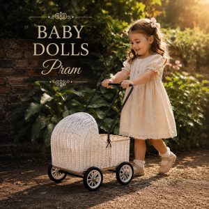 Baby dolls pram in handwoven cane with natural woven texture and vintage silhouette in garden setting