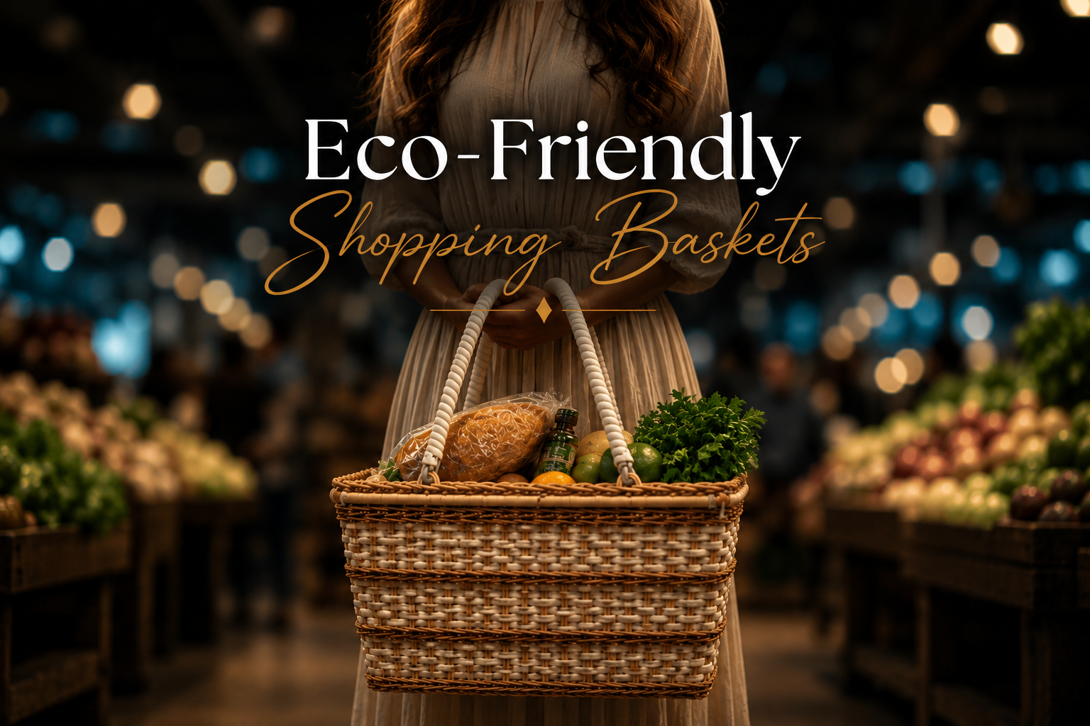Eco-friendly woven shopping basket handcrafted from synthetic cane and Palembang cane, carried in a luxury supermarket setting with fresh groceries and elegant market lighting.