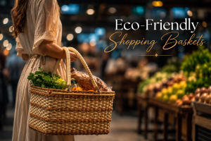 Eco-friendly woven shopping basket filled with fresh groceries in a luxury market setting, handcrafted reusable shopping basket with durable cane weave and comfortable handles.
