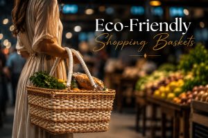 Shopping basket in handwoven rattan with structured weave, rectangular silhouette and fresh market setting