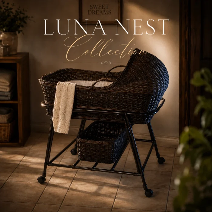 Baby bassinet in dark handwoven rattan with hooded silhouette on black wheeled stand in warm interior