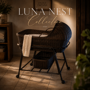 Luna Nest Collection handwoven baby crib with matching stand and utility basket in a warm nursery setting featuring elegant woven craftsmanship and timeless nursery décor.