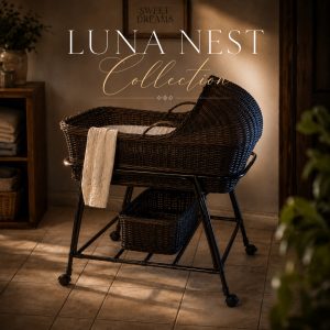 Baby bassinet in dark handwoven rattan with hooded silhouette on black wheeled stand in warm interior