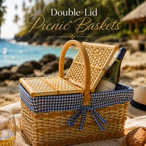 Handwoven double-lid picnic basket on a tropical beach setting with blue gingham lining, ideal for luxury outdoor dining and coastal lifestyle décor. Luxury wicker picnic basket with double lids, handcrafted woven design, beach picnic setup, and elegant outdoor entertaining accessories. Traditional woven picnic basket with blue check fabric lining, perfect for romantic beach picnics, wine outings, and stylish alfresco dining. Handcrafted rattan-style picnic basket displayed on a tropical shoreline with wine and fresh fruit, creating a premium coastal picnic experience.