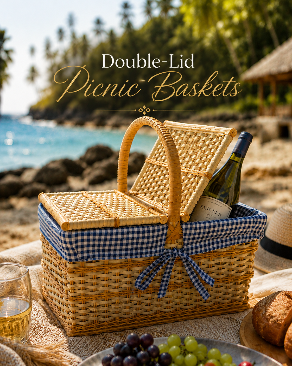 Handwoven double-lid picnic basket on a tropical beach setting with blue gingham lining, ideal for luxury outdoor dining and coastal lifestyle décor. Luxury wicker picnic basket with double lids, handcrafted woven design, beach picnic setup, and elegant outdoor entertaining accessories. Traditional woven picnic basket with blue check fabric lining, perfect for romantic beach picnics, wine outings, and stylish alfresco dining. Handcrafted rattan-style picnic basket displayed on a tropical shoreline with wine and fresh fruit, creating a premium coastal picnic experience.