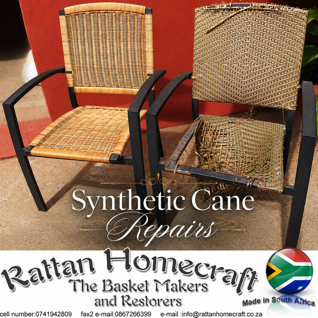Before-and-after synthetic cane chair restoration showcasing professional woven furniture repairs, featuring a fully restored chair beside a damaged original frame with expert handcrafted repair workmanship.
