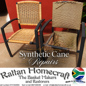 Before-and-after synthetic cane chair restoration showcasing professional woven furniture repairs, featuring a fully restored chair beside a damaged original frame with expert handcrafted repair workmanship.