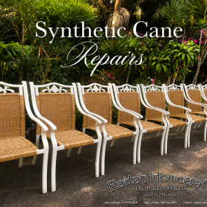 Complete synthetic cane chair reweave restoration featuring fully refurbished outdoor dining chairs with new woven synthetic cane detailing, refreshed frames, and expert handcrafted repair workmanship in a tropical garden setting.