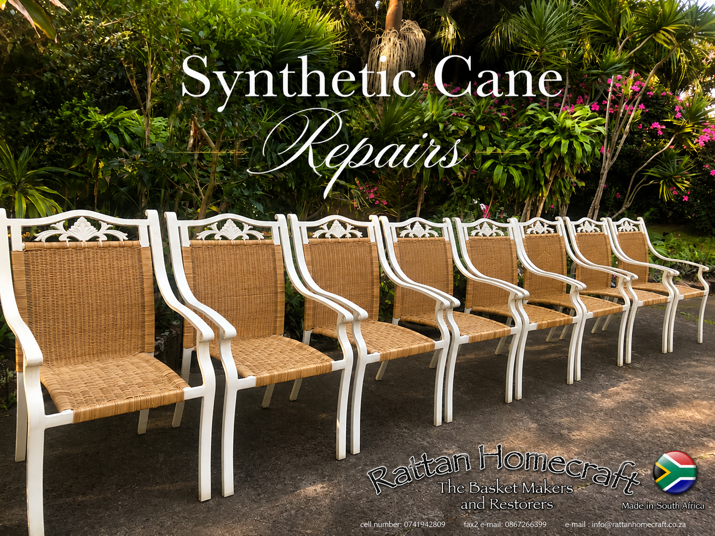 Complete synthetic cane chair reweave restoration featuring fully refurbished outdoor dining chairs with new woven synthetic cane detailing, refreshed frames, and expert handcrafted repair workmanship in a tropical garden setting.