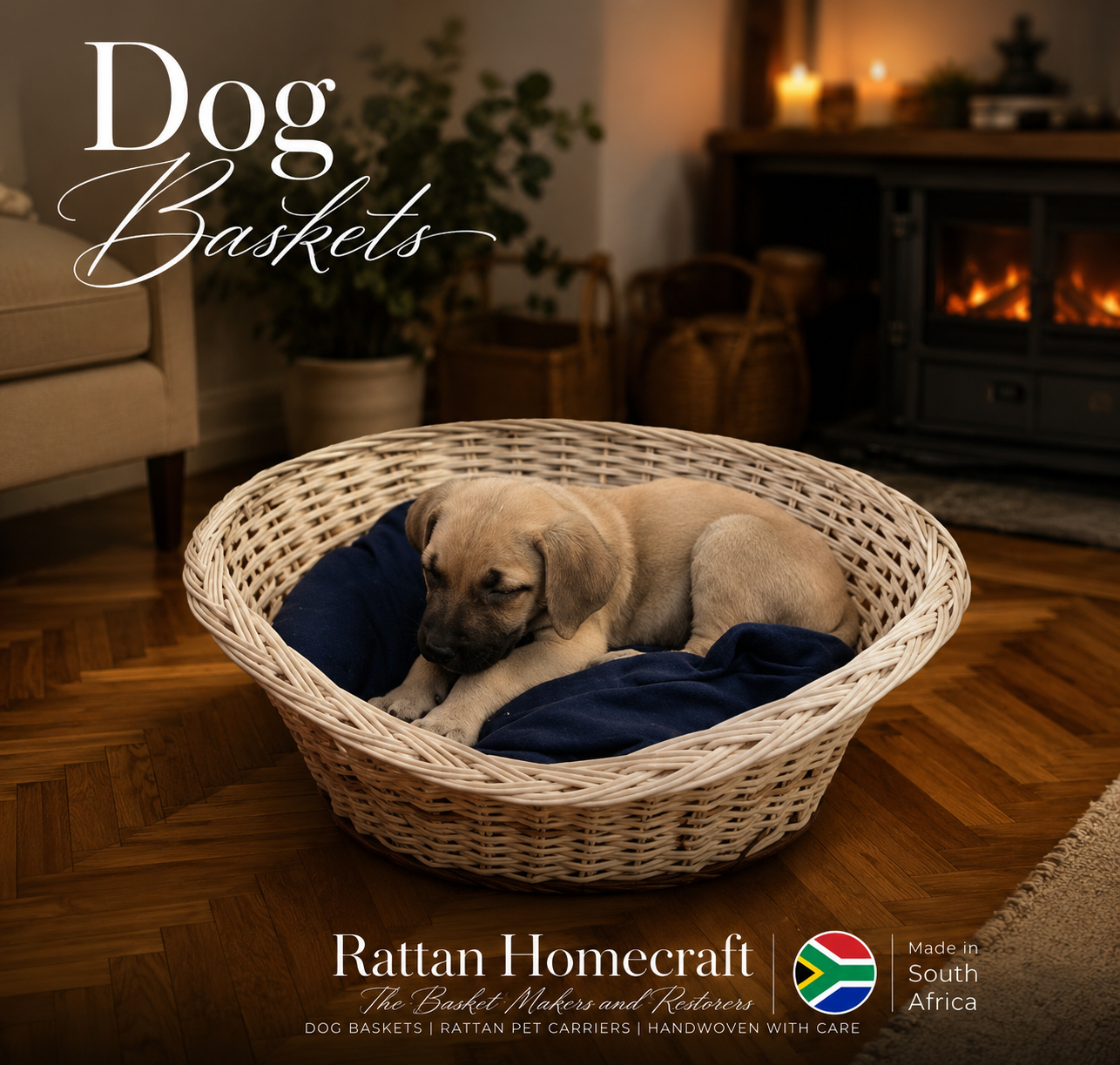 Handwoven wicker dog basket designed for comfort, warmth, and timeless natural style. Perfect for cosy modern and rustic interiors.