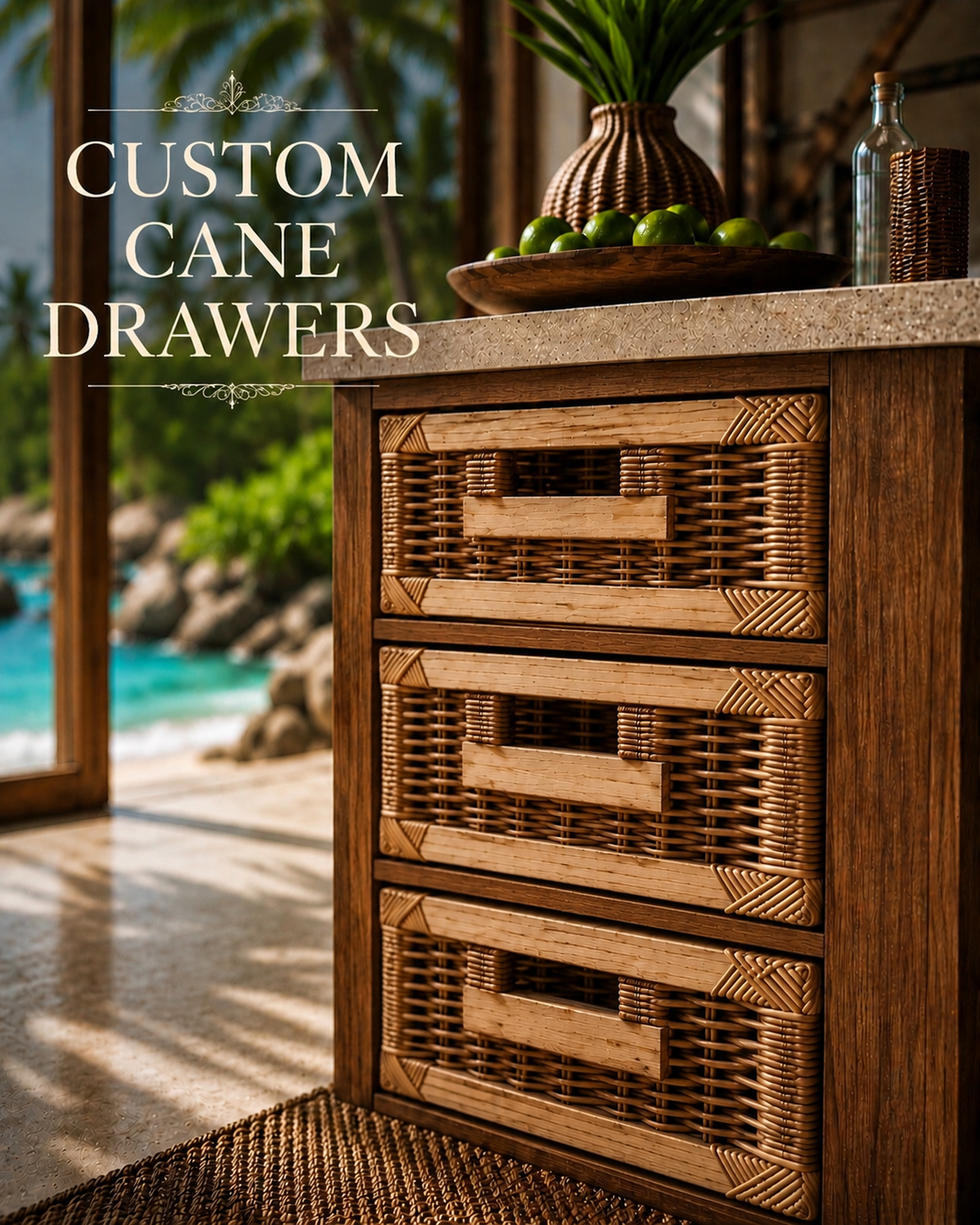 Custom-made woven cane drawer unit with handcrafted rattan basket drawers and solid wood frame, styled in a tropical-inspired interior. Artisan storage cabinet featuring natural textures and bespoke craftsmanship.