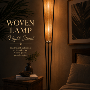 Handwoven woven lamp night stand with natural cane texture, dual globe lighting, and modern black stand in a warm ambient bedroom setting.