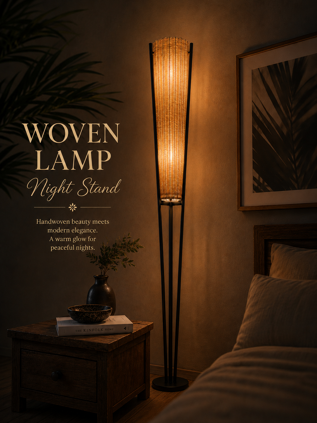 Handwoven woven lamp night stand with natural cane texture, dual globe lighting, and modern black stand in a warm ambient bedroom setting.