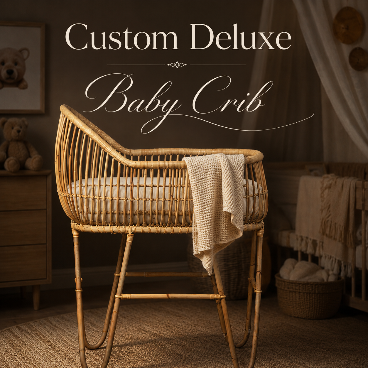 Handcrafted woven baby bassinet designed with natural cane materials, cozy bedding, and timeless nursery charm.