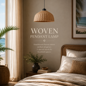 Handwoven rattan pendant lamp in a warm neutral bedroom setting with natural textures, coastal-inspired décor, and soft daylight ambiance.