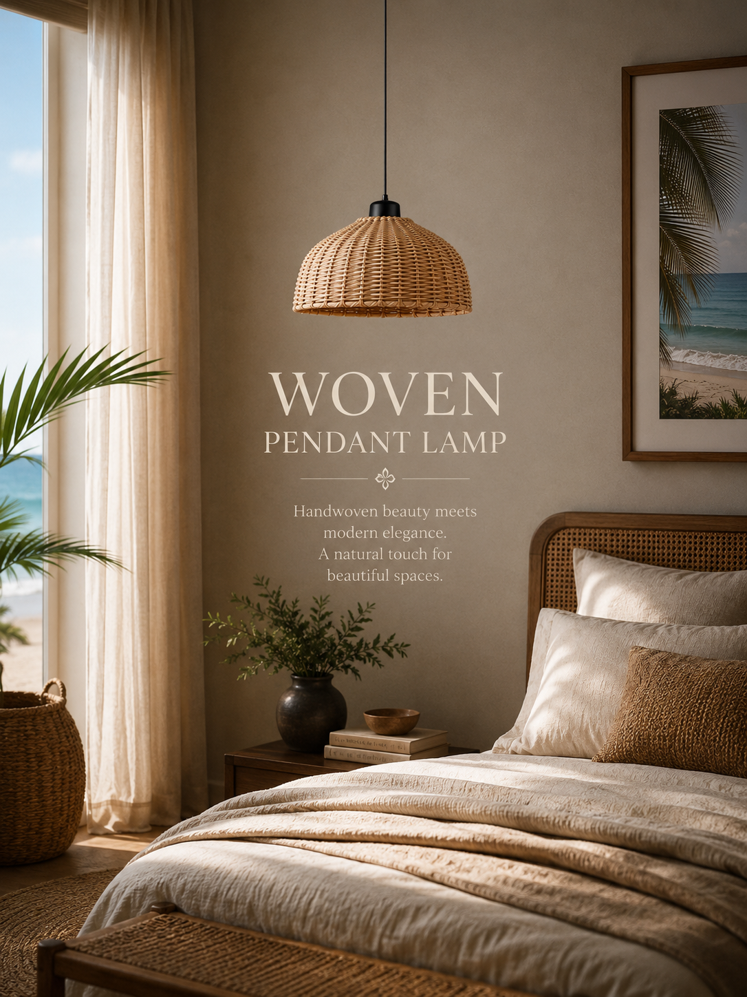 Handwoven rattan pendant lamp in a warm neutral bedroom setting with natural textures, coastal-inspired décor, and soft daylight ambiance.