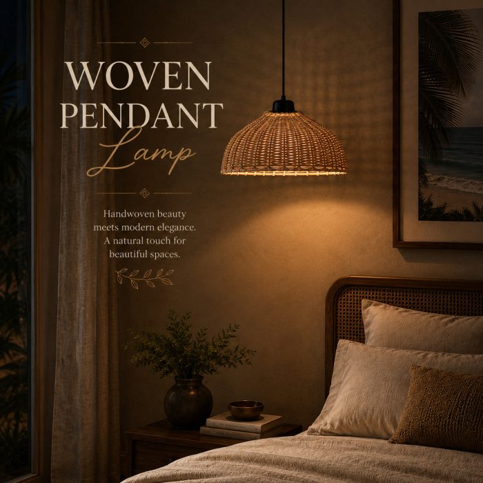Woven pendant lamp in natural cane with handwoven dome silhouette styled in a luxury bedroom interior