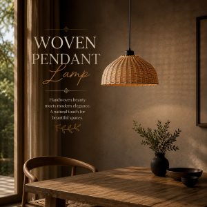 Woven pendant lamp in natural cane with handwoven dome silhouette styled in a luxury bedroom interior