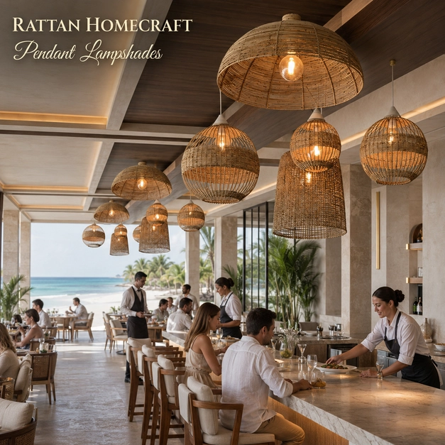 Rattan Homecraft cane pendant lampshades above a luxury beachfront restaurant bar with ocean views.