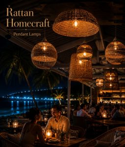 Handcrafted rattan pendant lamps in mixed woven silhouettes illuminating an open coastal restaurant setting