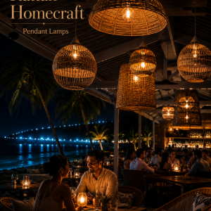 Handwoven rattan pendant lampshades glowing above a luxury tropical beachfront restaurant with warm ambient lighting and coastal décor.