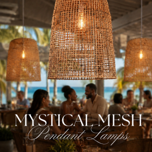 Handwoven Mystical Mesh pendant lampshades made from natural Palembang cane hanging in a luxury tropical beachfront restaurant with warm ambient lighting and elegant coastal décor.