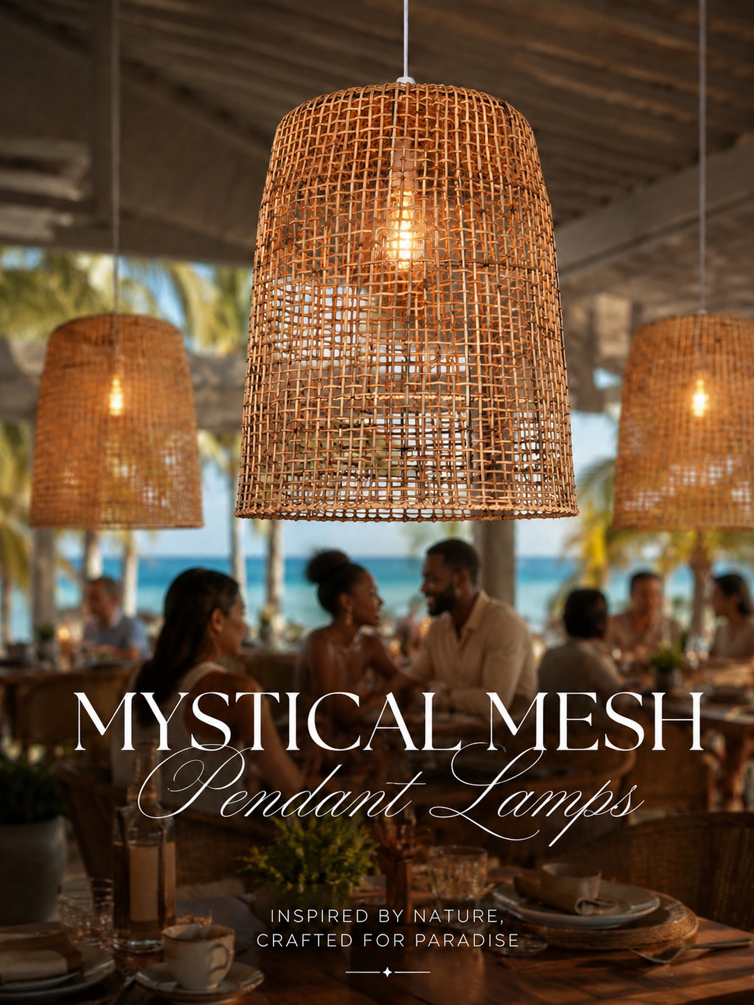 Handwoven Mystical Mesh pendant lampshades made from natural Palembang cane hanging in a luxury tropical beachfront restaurant with warm ambient lighting and elegant coastal décor.