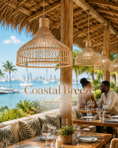 Coastal Breeze handwoven Palembang cane pendant lamp in a luxury tropical living room with warm ambient lighting, natural textures, and elegant coastal décor.