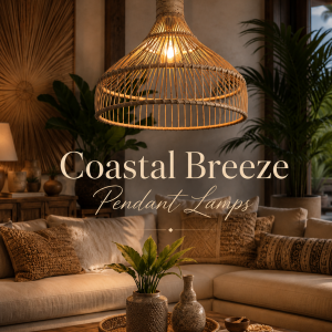 Coastal Breeze handwoven Palembang cane pendant lamp in a luxury tropical living room with warm ambient lighting, natural textures, and elegant coastal décor.