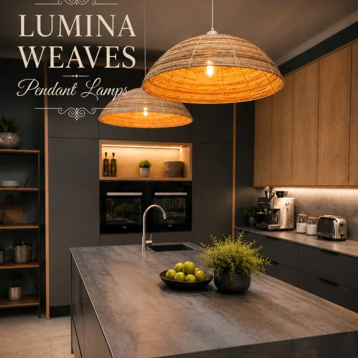 Handcrafted rattan pendant lampshades with warm woven glow suspended above an elegant restaurant setting