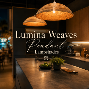 Handwoven Lumina Weaves pendant lampshades made from natural Palembang cane, styled above a modern luxury kitchen with warm ambient lighting.