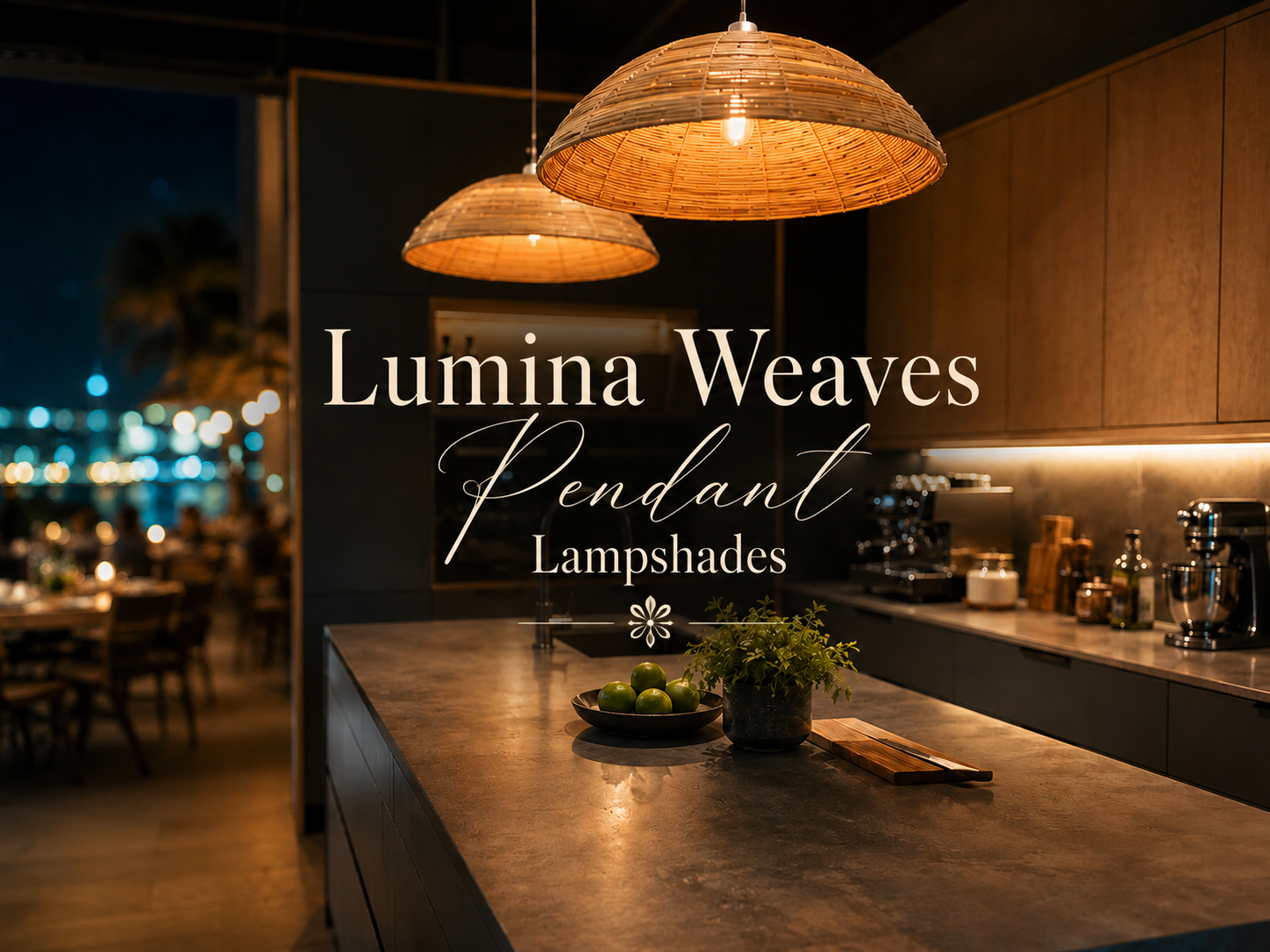 Handwoven Lumina Weaves pendant lampshades made from natural Palembang cane, styled above a modern luxury kitchen with warm ambient lighting.