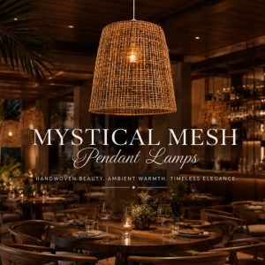 Mystical Mesh handcrafted woven cane pendant lamp suspended in a luxury coastal restaurant interior with warm ambient lighting