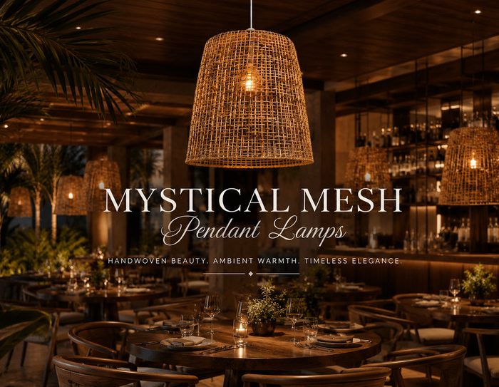 Mystical Mesh handcrafted woven cane pendant lamp suspended in a luxury coastal restaurant interior with warm ambient lighting