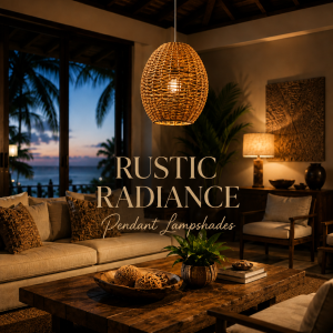Elegant tropical living room featuring the Rustic Radiance handwoven pendant lampshade with warm ambient lighting, natural woven textures, and luxury coastal interior styling.