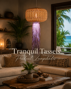Handwoven Tranquil Tassels Pendant Lampshade made from Palembang cane and raffia in a luxurious tropical living room setting.