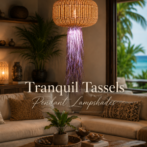 Handwoven Tranquil Tassels Pendant Lampshade made from Palembang cane and raffia in a luxurious tropical living room setting.