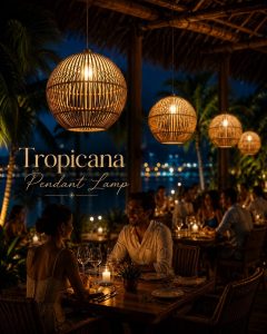 Pendant lamp with handcrafted woven cane texture in a warm natural finish styled in a luxury tropical living interior