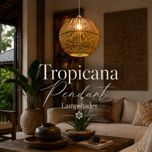 Handwoven Tropicana pendant lampshades in a luxury tropical living room, featuring natural cane weaving, warm ambient lighting, and modern coastal décor.