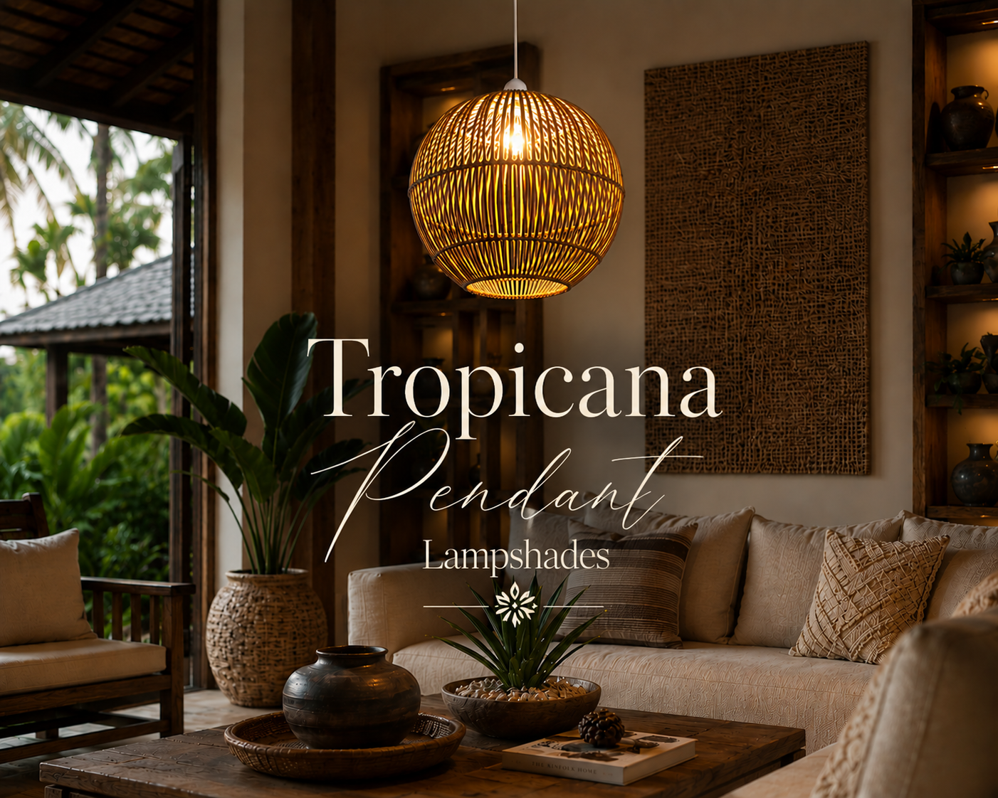 Handwoven Tropicana pendant lampshades in a luxury tropical living room, featuring natural cane weaving, warm ambient lighting, and modern coastal décor.