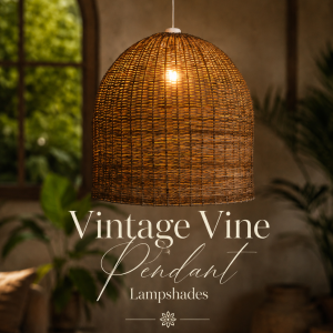 Handwoven Vintage Vine pendant lampshades made from natural Palembang cane, glowing warmly in a modern tropical living room interior.