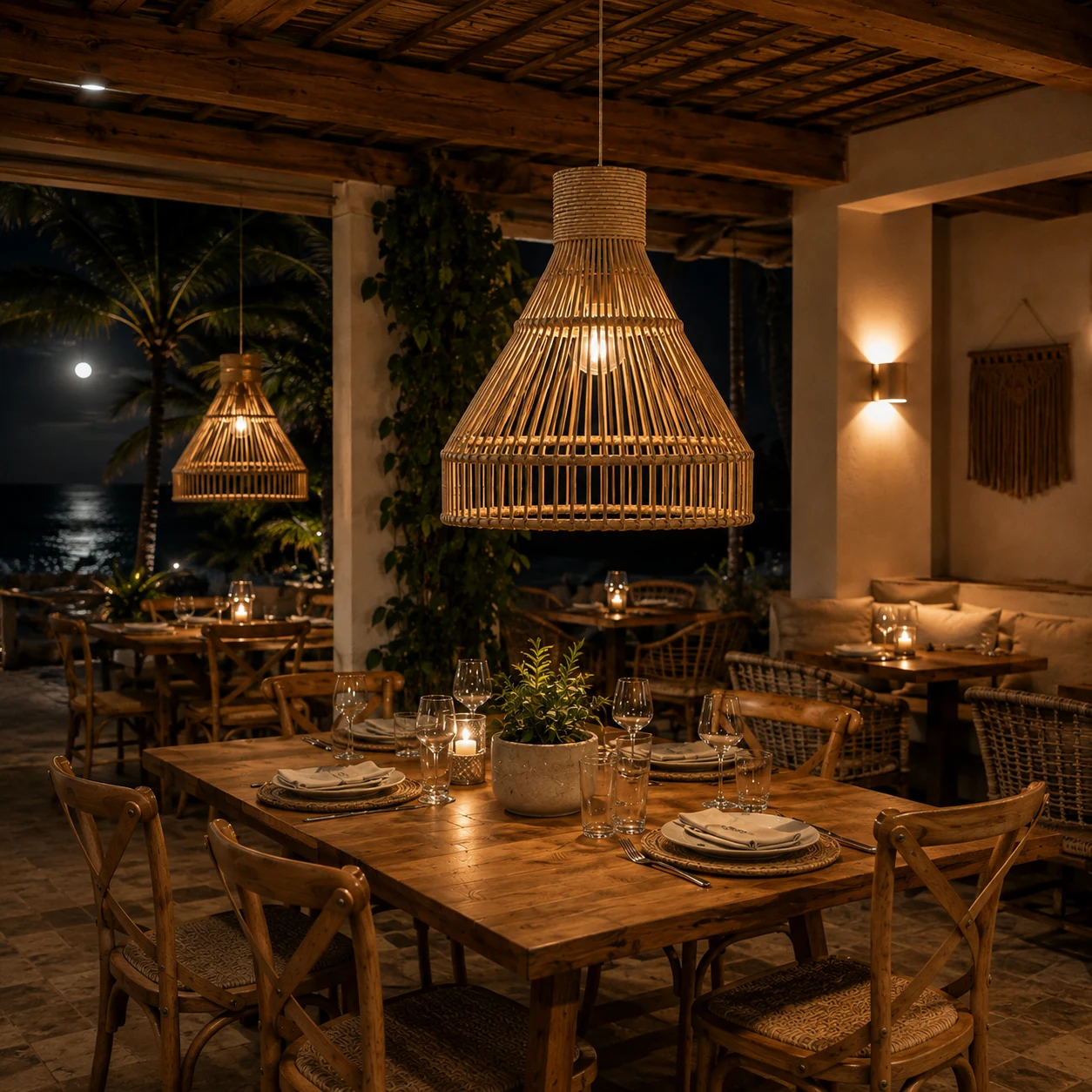 Coastal Breeze white Palembang cane pendant lampshade in a coastal restaurant at night