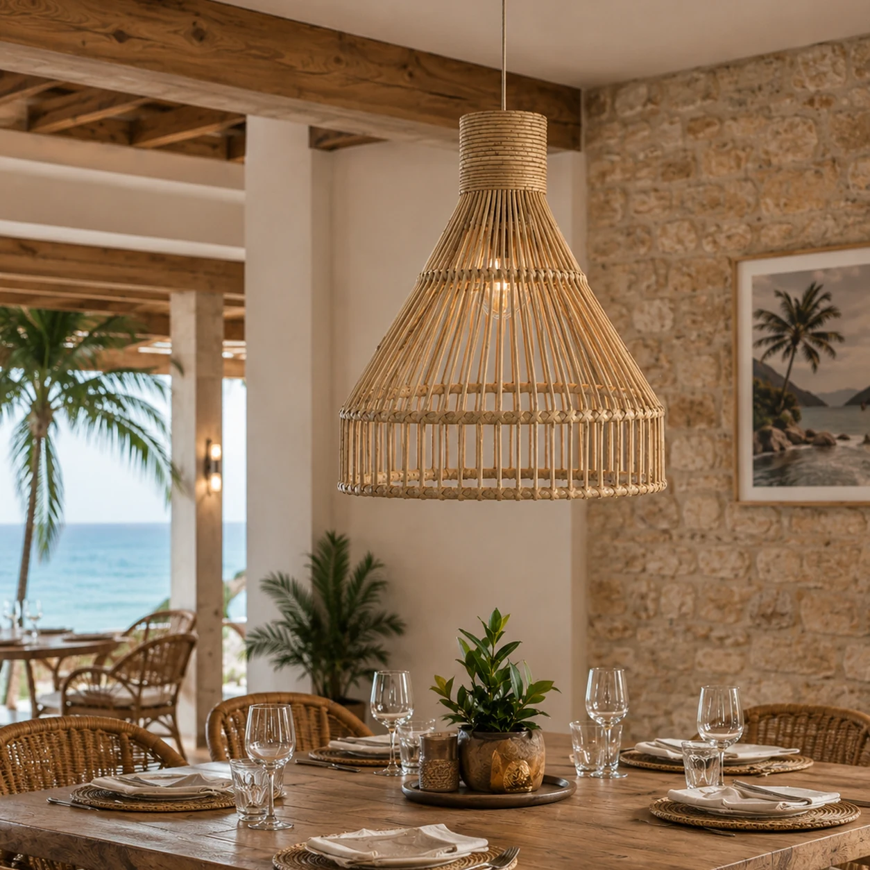 Coastal Breeze white Palembang cane pendant lampshade above a luxury coastal dining table