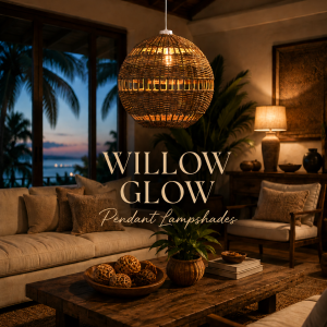Willow Glow handwoven pendant lampshade in a luxury tropical living room with warm ambient lighting, natural cane texture, and elegant coastal interior décor.